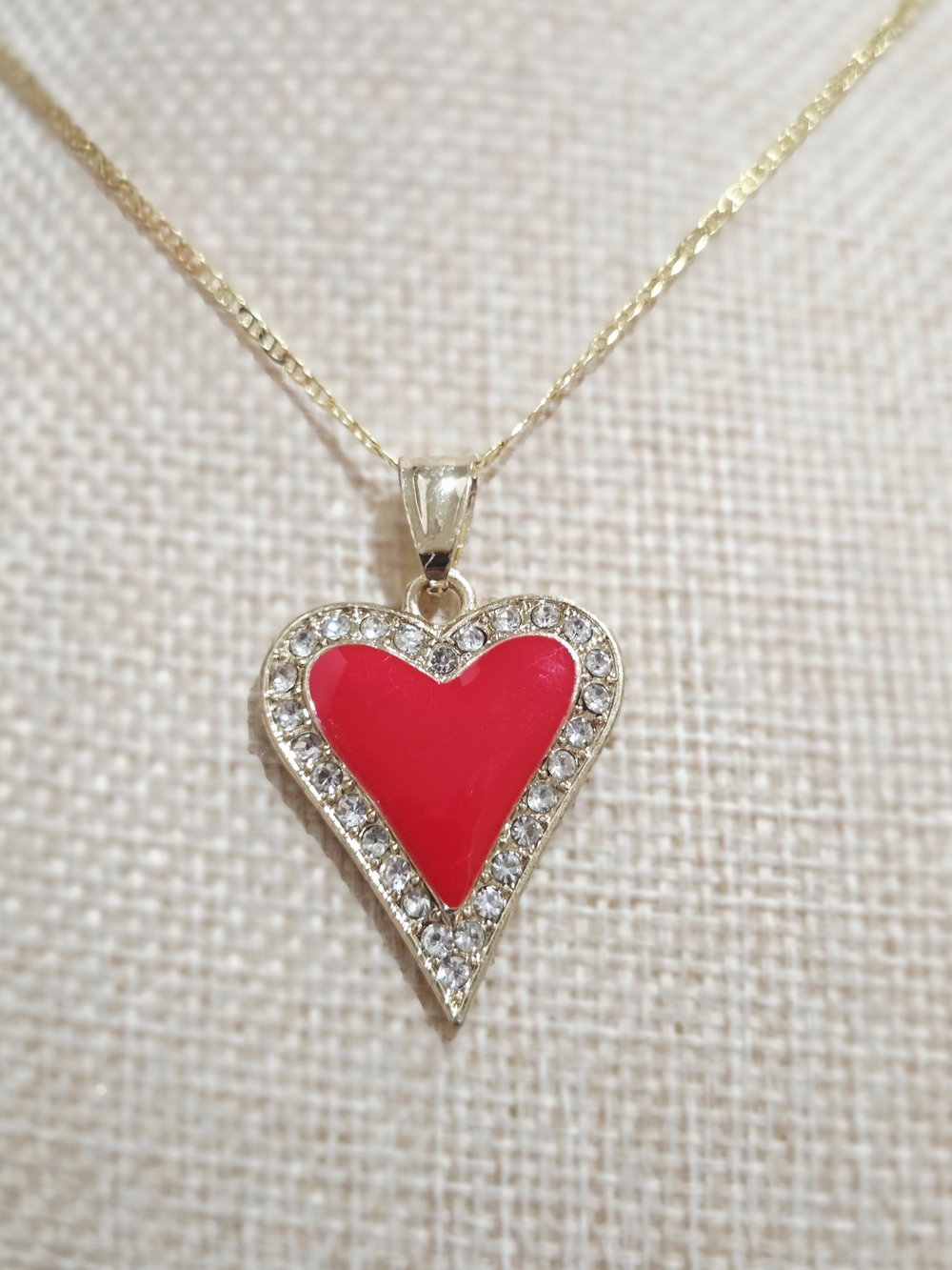 Gold Heart Pendant Necklace with Red Enamel and Crystals